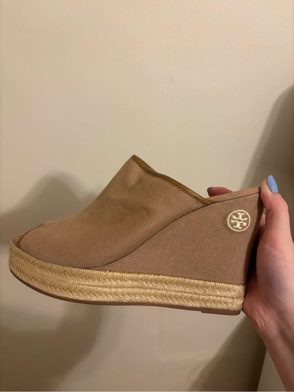 Tory Burch open toe tan brown canvas wedges